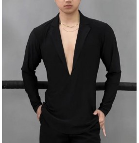 Men male black color latin ballroom dance shirts long sleeves mesh patchwork lapel collar waltz tango flamenco dancing tops for male